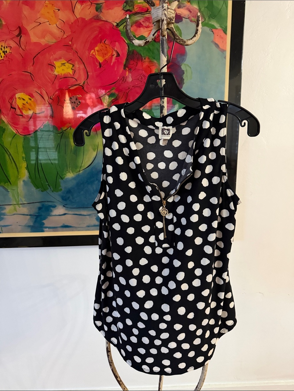 Anne Klein Black and White Polka Dot Sleeveless Zip-Front Tank